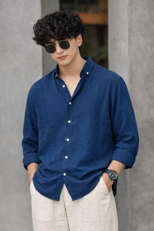 Premium Crushed Linen Navy blue Shirt